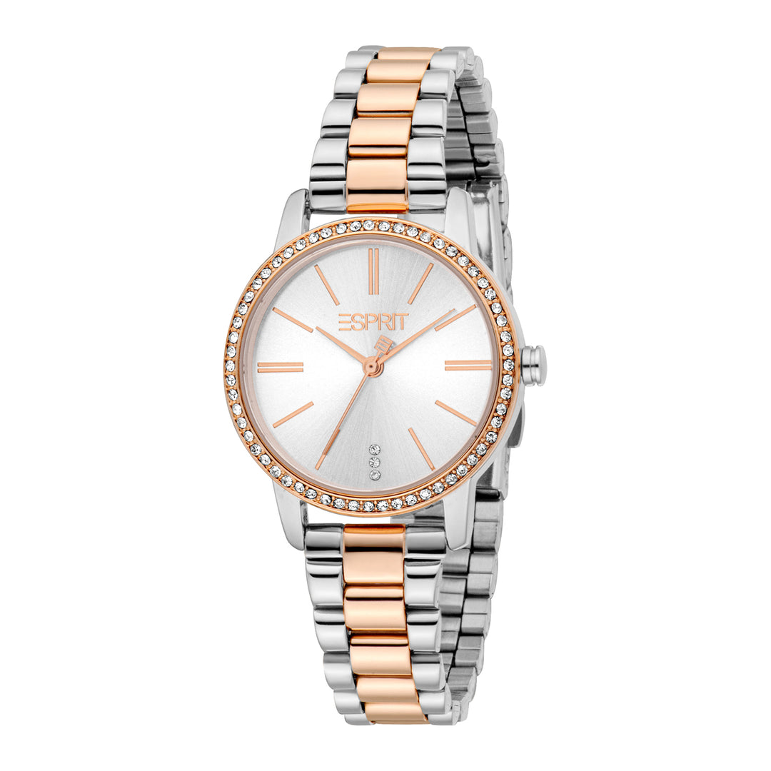 ESPRIT Women Watch, Two Tone Silver & Rose Gold Color Case, Silver Dial, Two Tone Silver & Rose Gold Color Metal Bracelet, 3 Hands, 3ATM