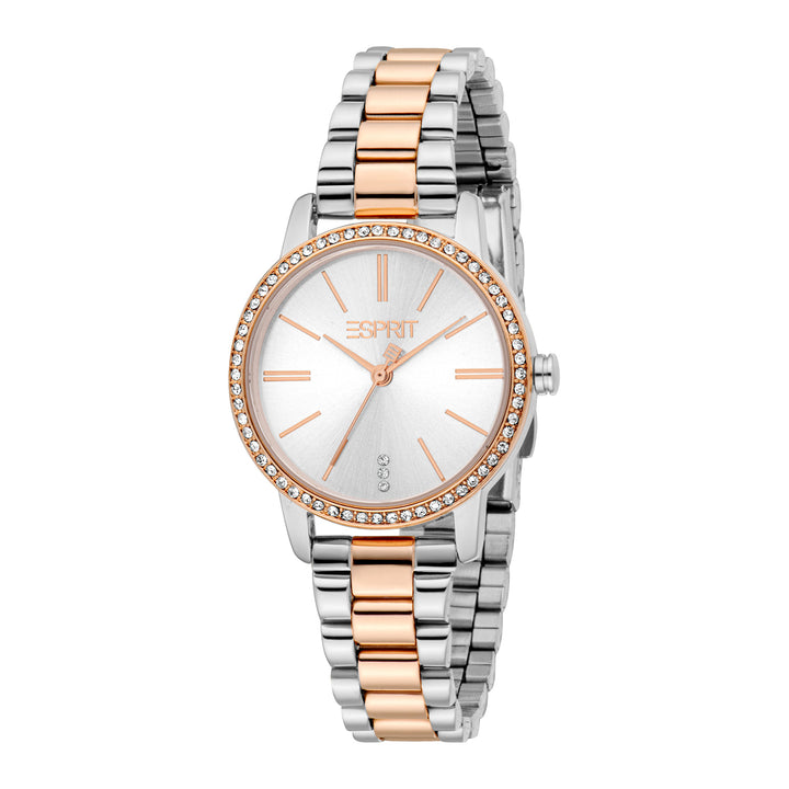 ESPRIT Women Watch, Two Tone Silver & Rose Gold Color Case, Silver Dial, Two Tone Silver & Rose Gold Color Metal Bracelet, 3 Hands, 3ATM