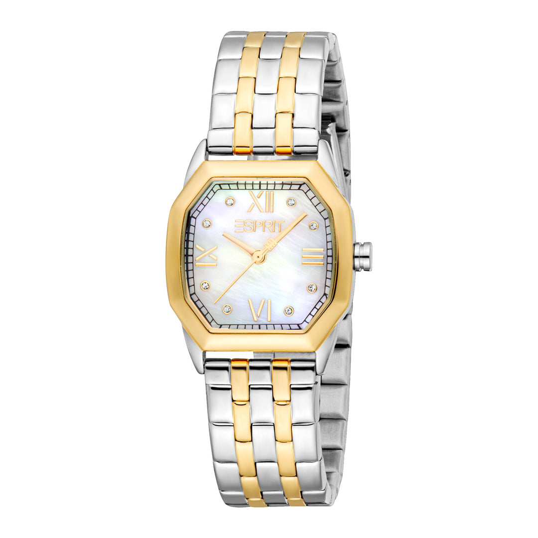 ESPRIT Women Watch, Two Tone Silver & Gold Color Case, White MOP Dial, Two Tone Silver & Gold Color Metal Bracelet, 3 Hands, 3 ATM