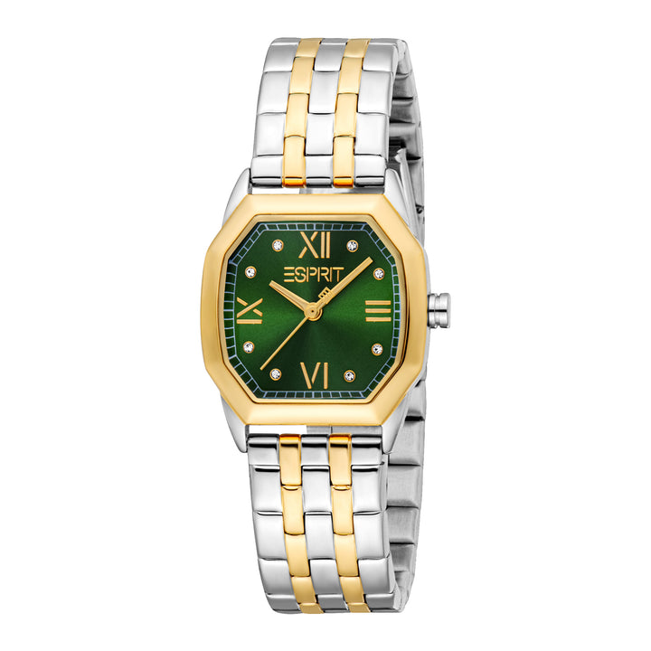 ESPRIT Women Watch, Two Tone Silver & Gold Color Case, Green Dial, Two Tone Silver & Gold Color Metal Bracelet, 3 Hands, 3 ATM