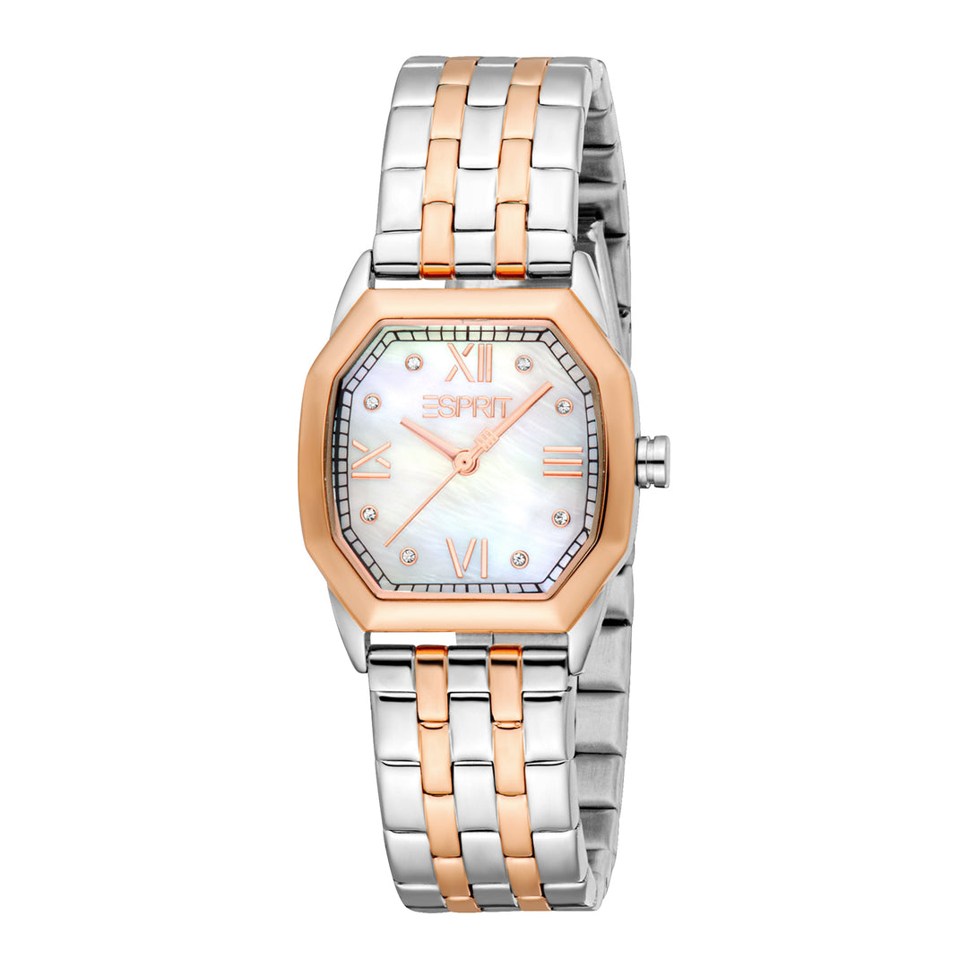 ESPRIT Women Watch, Two Tone Silver & Rose Gold Color Case, White MOP Dial, Two Tone Silver & Rose Gold Color Metal Bracelet, 3 Hands, 3 ATM