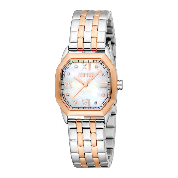 ESPRIT Women Watch, Two Tone Silver & Rose Gold Color Case, White MOP Dial, Two Tone Silver & Rose Gold Color Metal Bracelet, 3 Hands, 3 ATM