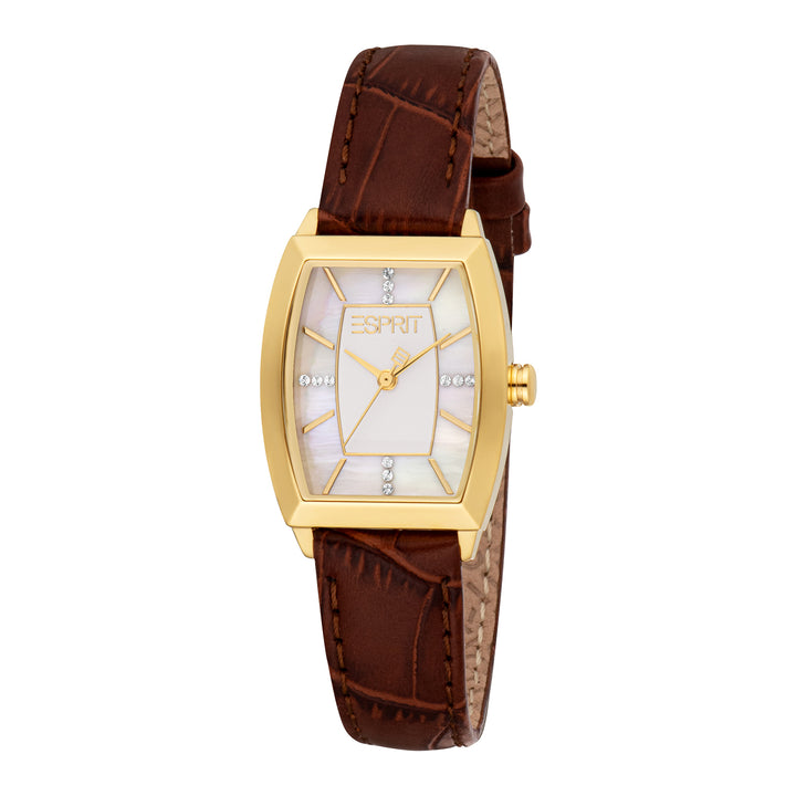 ESPRIT Women Watch, Gold Color Case, White MOP Dial, Dark Brown Leather Strap, 3 Hands, 1 ATM