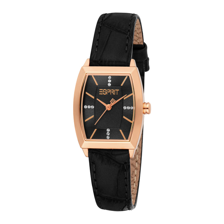 ESPRIT Women Watch, Rose Gold Color Case, Black Dial, Black Leather Strap, 3 Hands, 1 ATM