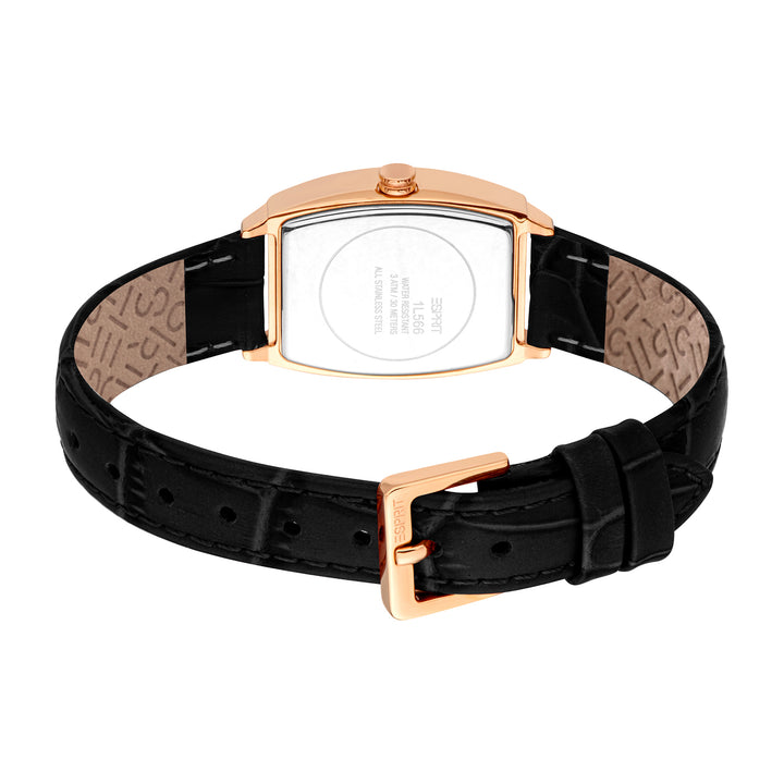 ESPRIT Women Watch, Rose Gold Color Case, Black Dial, Black Leather Strap, 3 Hands, 1 ATM