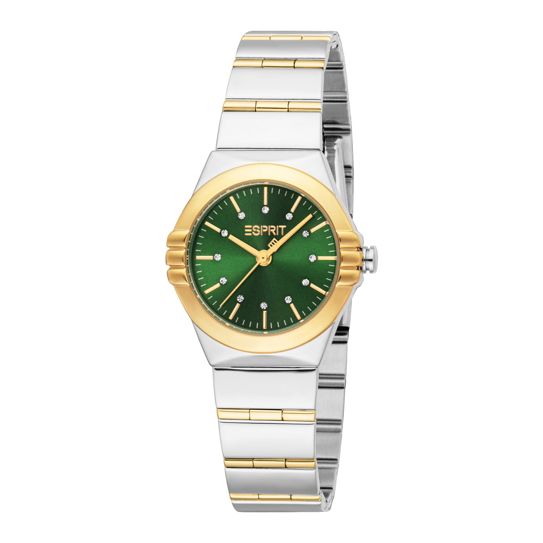 ESPRIT Women Watch, Two Tone Silver & Gold Color Case, Dark Green Dial, Two Tone Silver & Gold Color Metal Bracelet, 3 Hands, 3 ATM