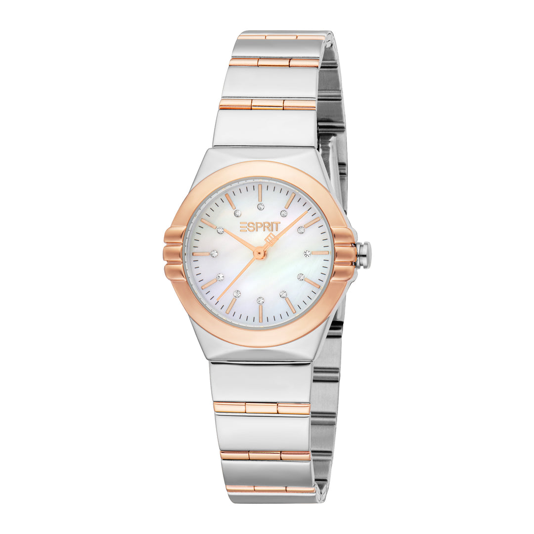 ESPRIT Women Watch, Two Tone Silver & Rose Gold Color Case, White MOP Dial, Two Tone Silver & Rose Gold Color Metal Bracelet, 3 Hands, 3 ATM