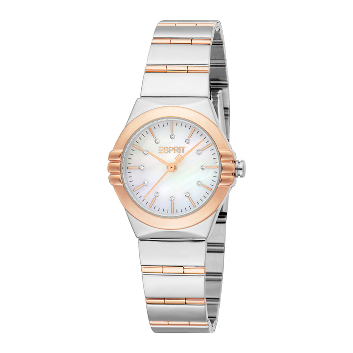 ESPRIT Women Watch, Two Tone Silver & Rose Gold Color Case, White MOP Dial, Two Tone Silver & Rose Gold Color Metal Bracelet, 3 Hands, 3 ATM