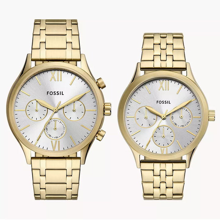 Fossil Fenmore Couple Multifunction Gold-Tone Stainless Steel Watch Set