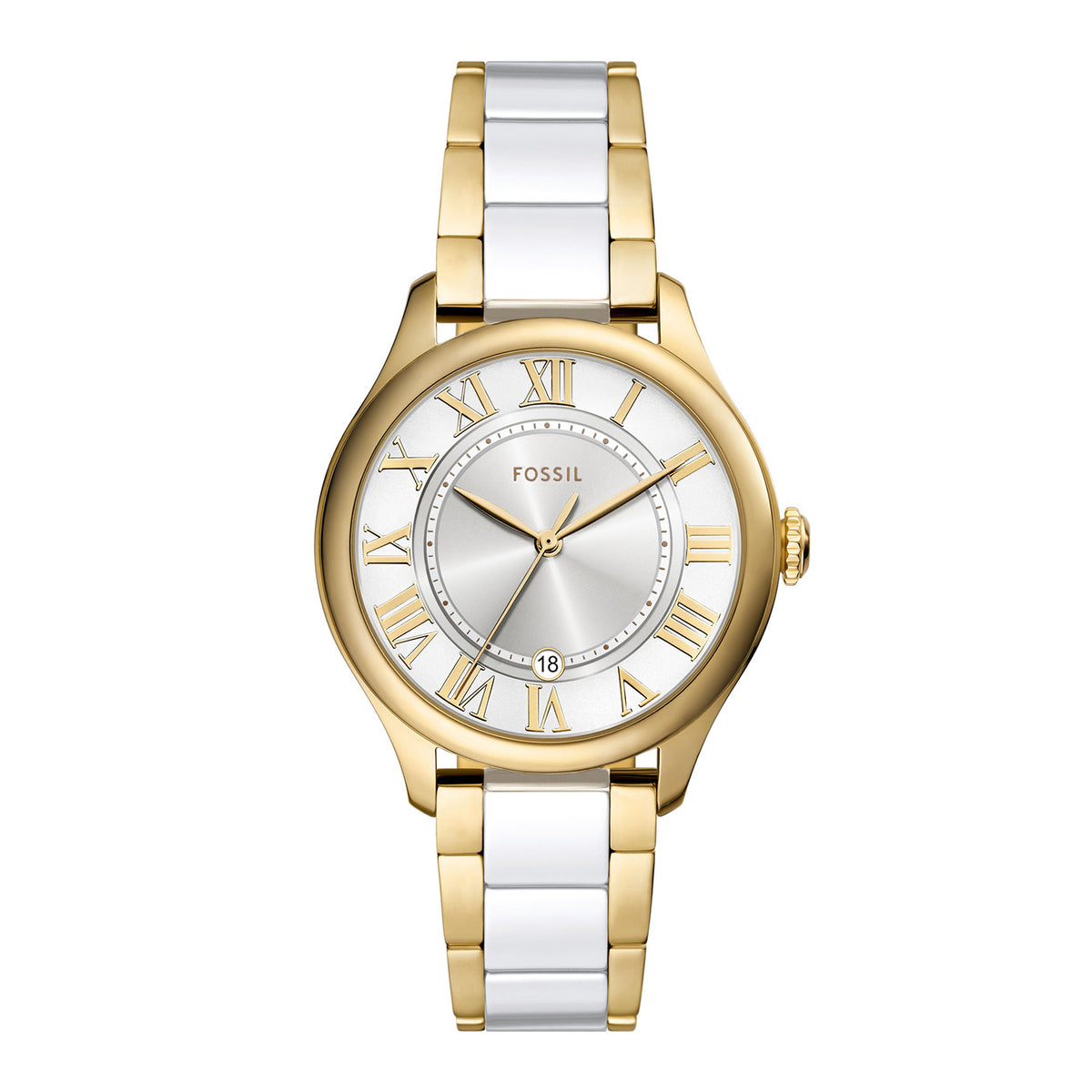 Fossil Women's Gilmore Three-Hand Date Gold-Tone and White Ceramic Watch