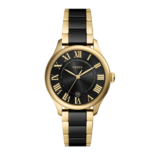 Fossil Women's Gilmore Three-Hand Date Gold-Tone and Black Ceramic Watch