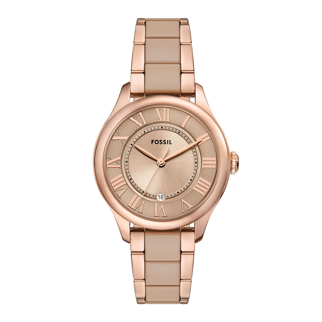 Fossil Women's Gilmore Three-Hand Date Rose Gold-Tone and Brown Ceramic Watch