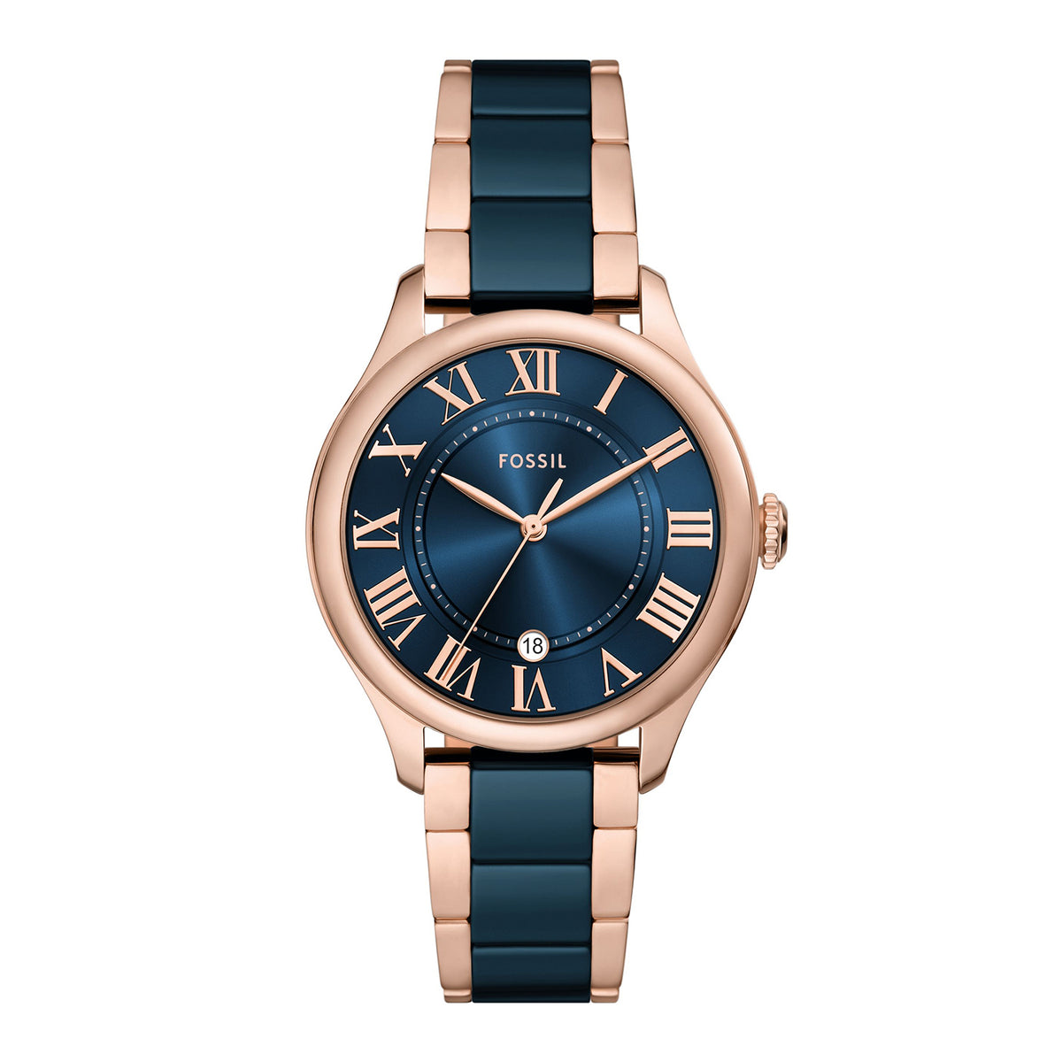 Fossil Women's Gilmore Three-Hand Date Rose Gold-Tone and Navy Ceramic Watch - CE1134