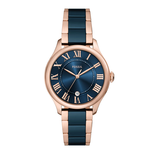 Fossil Women's Gilmore Three-Hand Date Rose Gold-Tone and Navy Ceramic Watch