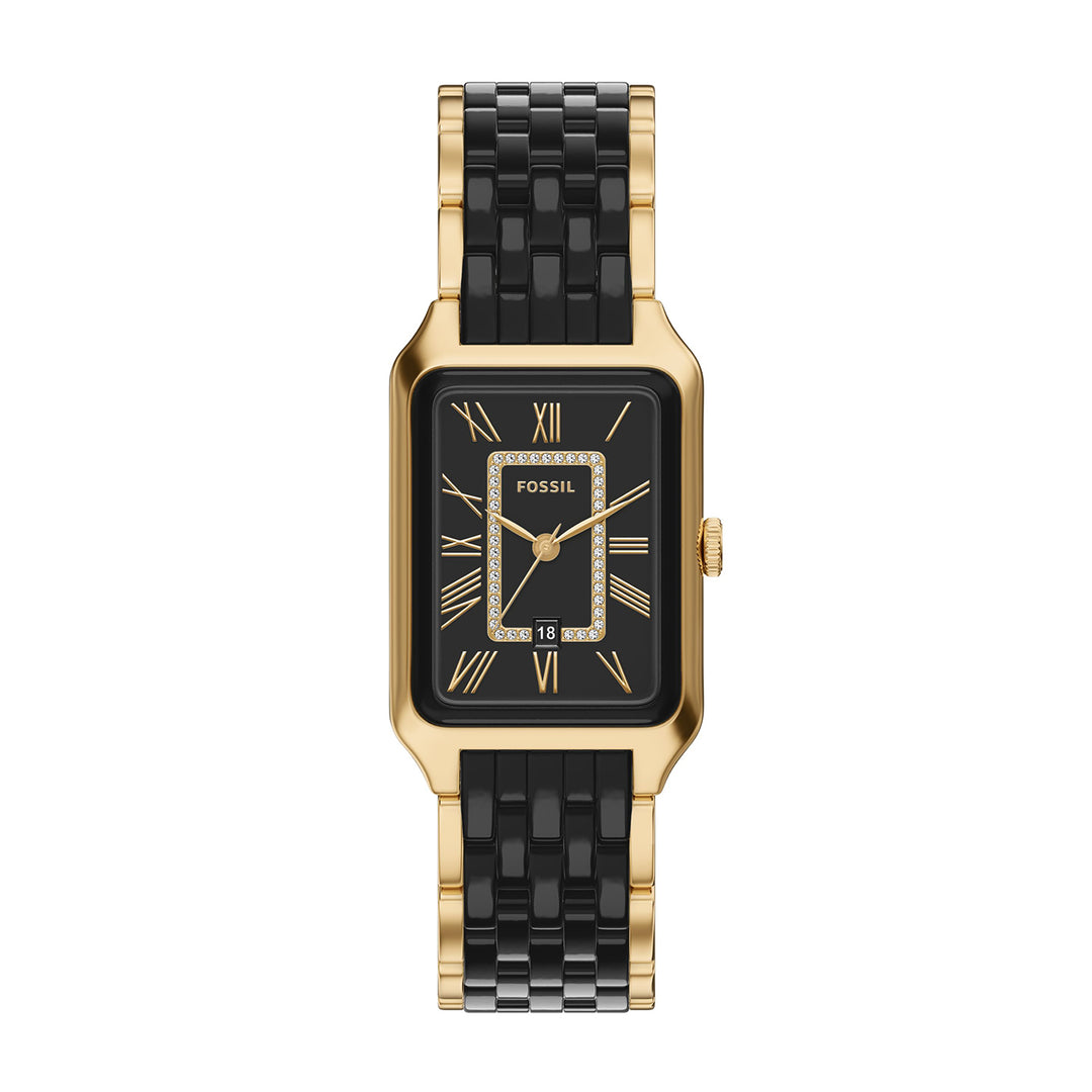Fossil Women's Raquel 26mm Three-Hand Date Gold-Tone Stainless Steel and Black Ceramic Watch