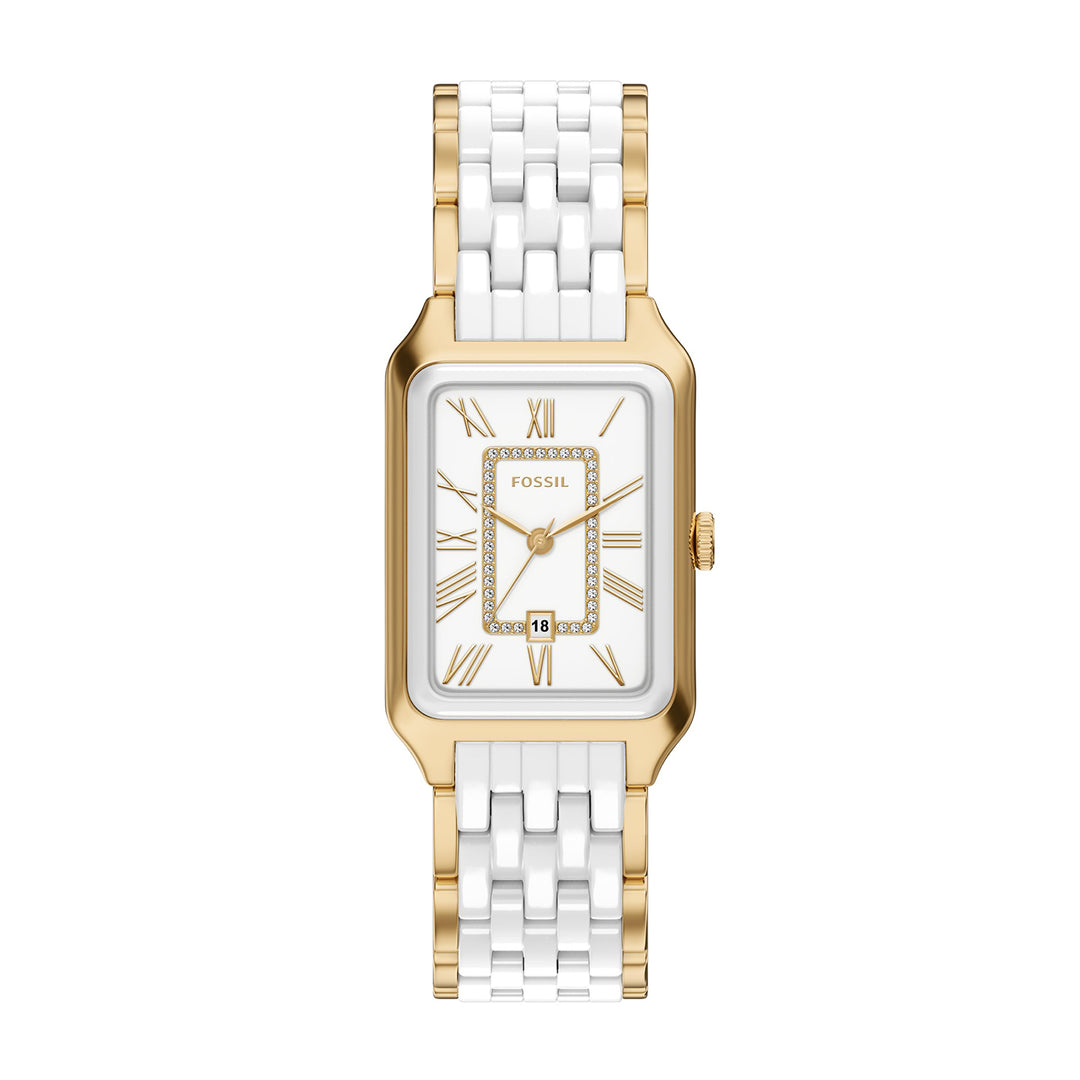 Fossil Women's Raquel 26mm Three-Hand Date Gold-Tone Stainless Steel & White Ceramic Watch