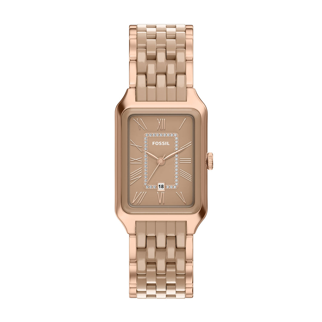 Fossil Women's Raquel 26mm Three-Hand Date Rose Gold-Tone Stainless Steel & Salted Caramel Ceramic Watch