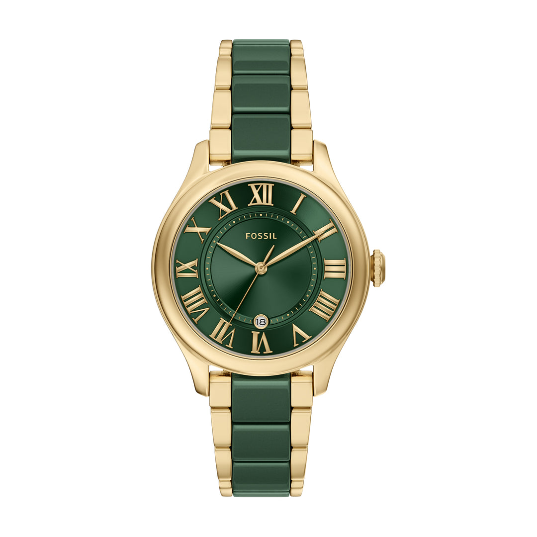 Fossil Women's Gilmore 38mm Three-Hand Date Gold-Tone Stainless Steel & Green Ceramic Watch