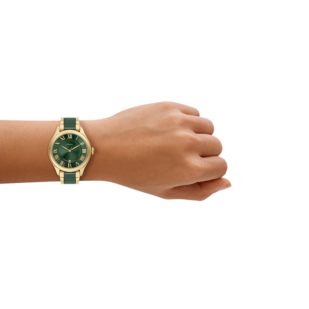 Fossil Women's Gilmore 38mm Three-Hand Date Gold-Tone Stainless Steel & Green Ceramic Watch