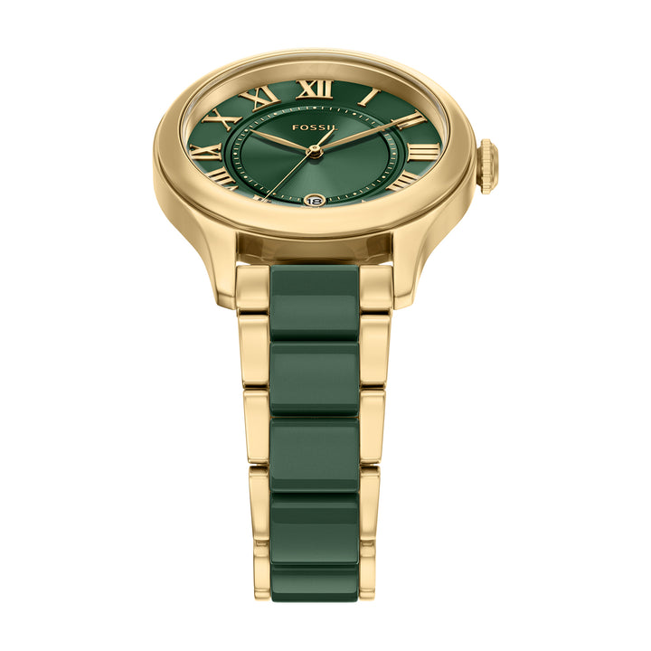 Fossil Women's Gilmore 38mm Three-Hand Date Gold-Tone Stainless Steel & Green Ceramic Watch