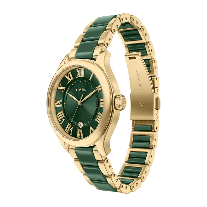 Fossil Women's Gilmore 38mm Three-Hand Date Gold-Tone Stainless Steel & Green Ceramic Watch