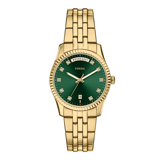 Fossil Women's Scarlette Three-Hand Day-Date Gold-Tone Stainless Steel Watch