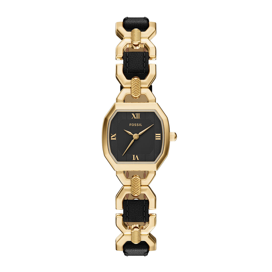 Fossil Women's Harlow 22mm Three-Hand Black Leather and Gold-Tone Stainless Steel Watch
