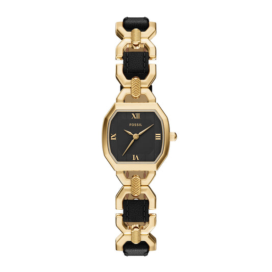 Fossil Women's Harlow 22mm Three-Hand Black Leather and Gold-Tone Stainless Steel Watch