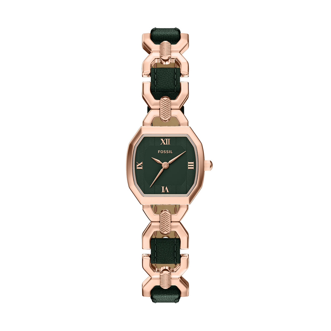 Fossil Women's Harlow 22mm Three-Hand Green Leather and Rose Gold-Tone Stainless Steel Watch