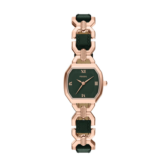 Fossil Women's Harlow 22mm Three-Hand Green Leather and Rose Gold-Tone Stainless Steel Watch