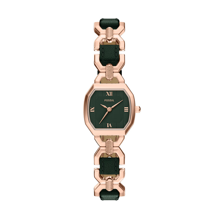Fossil Women's Harlow 22mm Three-Hand Green Leather and Rose Gold-Tone Stainless Steel Watch