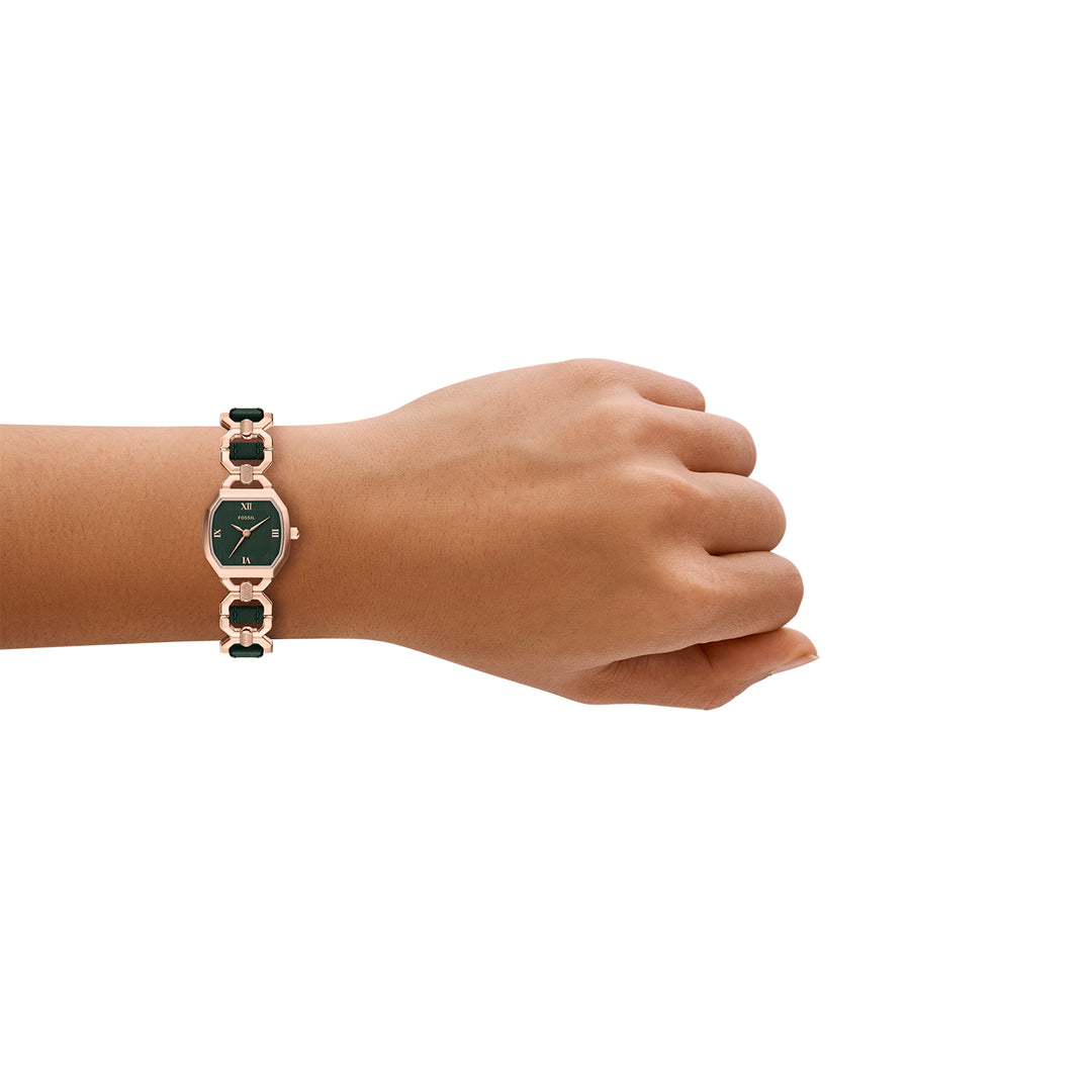 Fossil Women's Harlow 22mm Three-Hand Green Leather and Rose Gold-Tone Stainless Steel Watch