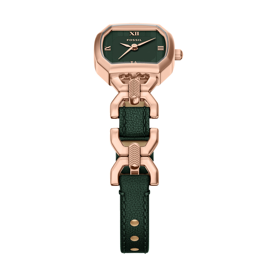 Fossil Women's Harlow 22mm Three-Hand Green Leather and Rose Gold-Tone Stainless Steel Watch