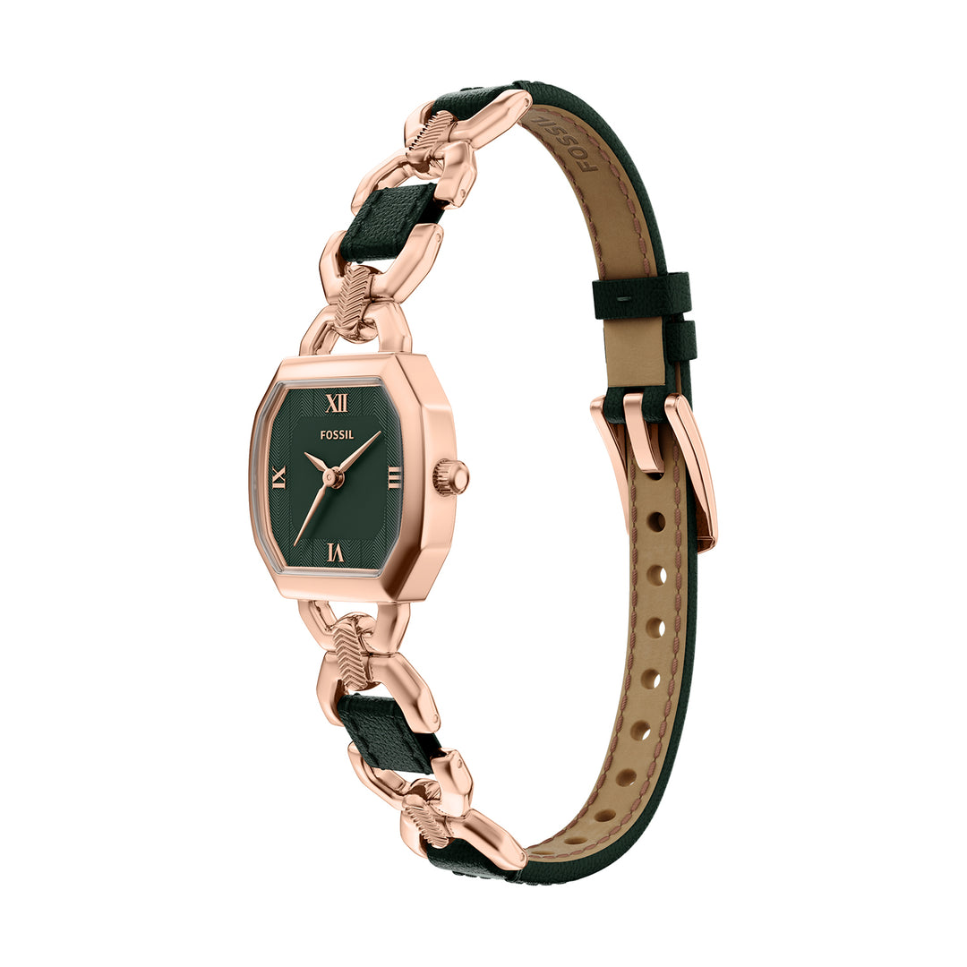 Fossil Women's Harlow 22mm Three-Hand Green Leather and Rose Gold-Tone Stainless Steel Watch