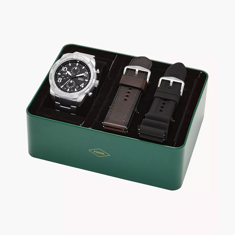 Fossil Bronson Chronograph Silver Stainless Steel Men's Watch and Interchangeable Strap Set