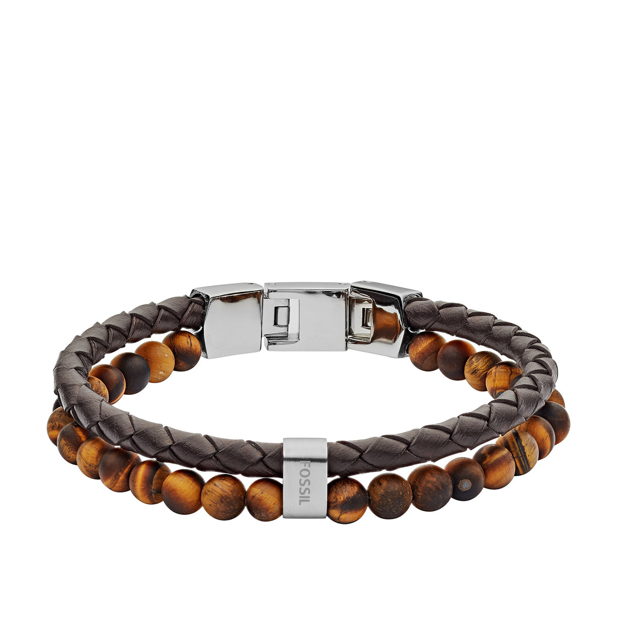Fossil Men's Beaded Tiger's Eye and Brown Leather Bracelet