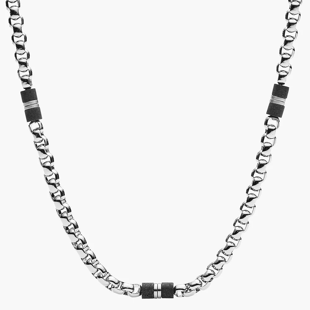 FOSSILBLACK MARBLE AND STAINLESS STEEL BEADED NECKLACE