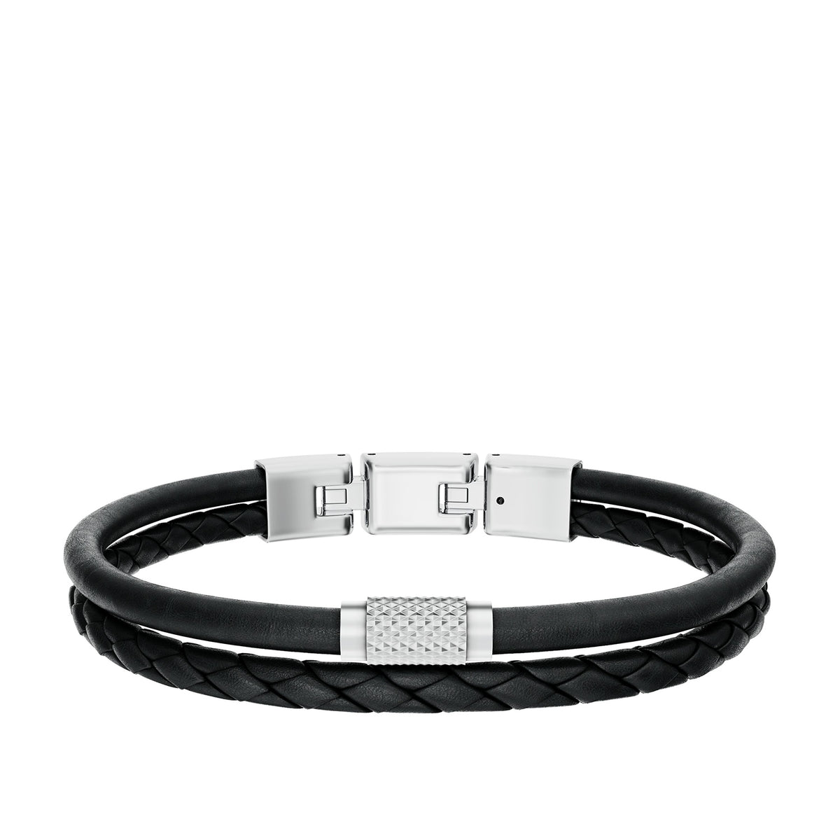 Fossil Men's Machine Knurled Texture Black Leather Multi-Strand Bracelet