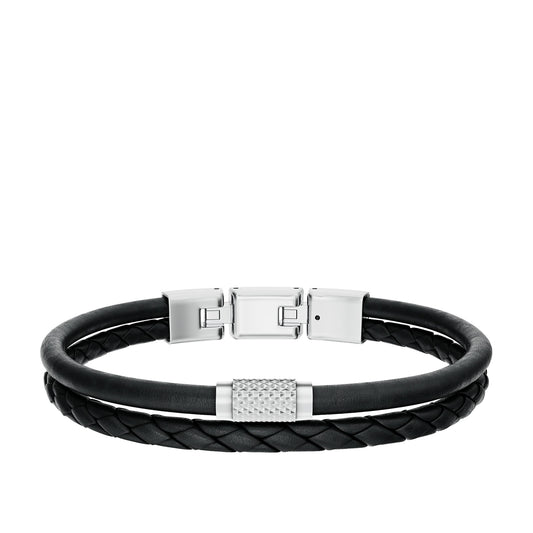 Fossil Men's Machine Knurled Texture Black Leather Multi-Strand Bracelet