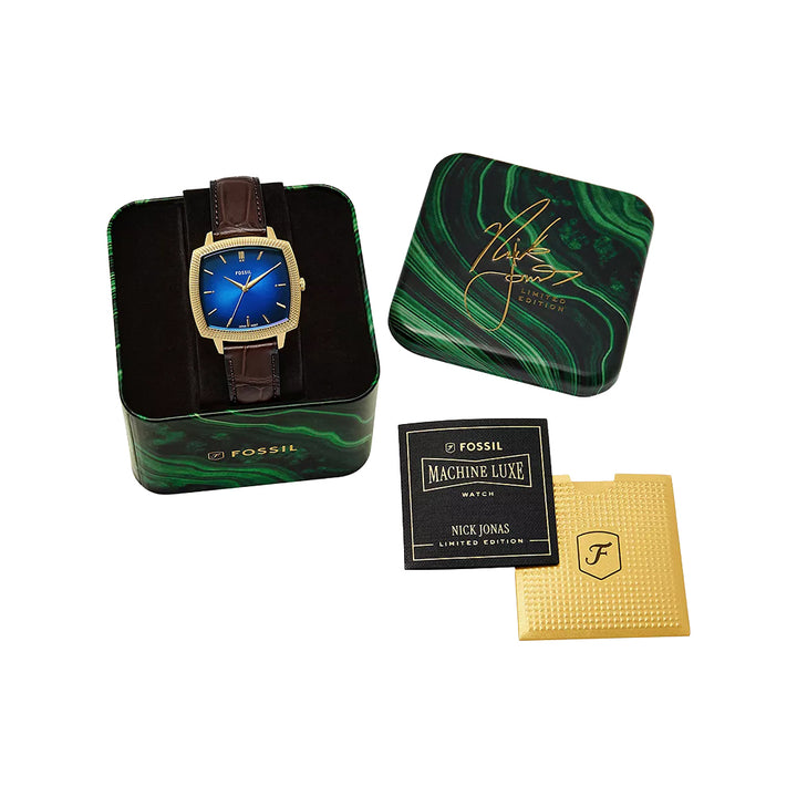 Fossil Unisex Nick Jonas x Fossil Machine Luxe Blue Vignette Three-Hand Brown Croco Leather Watch
