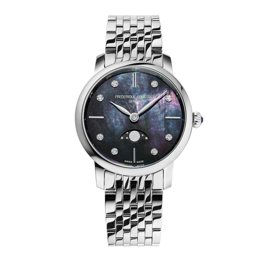 ساعة فريدريك كونستانت كلاسيكس سليم لاين للسيدات بحركة كوارتز ومراحل القمر، مينا من صدف اللؤلؤ الأسود مع علامات ساعات مرصعة بالألماس
