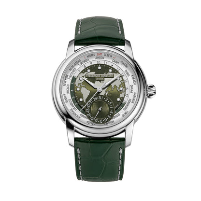 ساعة فريدريك كونستانت رجالية أوتوماتيكية بتوقيت عالمي، ميناء أخضر، وإطار فضي اللون