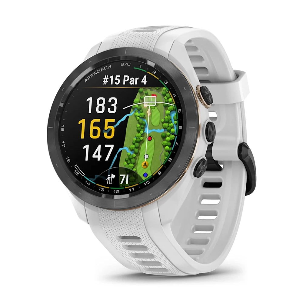 ساعة Garmin Approach S70 مقاس 42 مم بإطار من السيراميك الأسود وسوار من السيليكون الأبيض