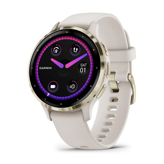 ساعة Garmin Venu 3S بإطار من الفولاذ المقاوم للصدأ باللون الذهبي الناعم مع هيكل باللون العاجي وسوار من السيليكون وشاشة ملونة بالكامل