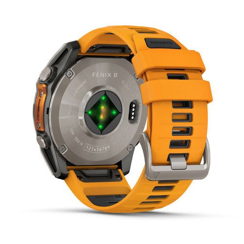 Garmin Fenix 8 - 51 مم، شاشة Amoled، زجاج ياقوتي (Sapphire) مع إطار تيتانيوم وسوار سيليكون باللون البرتقالي المتوهج والرمادي الداكن
