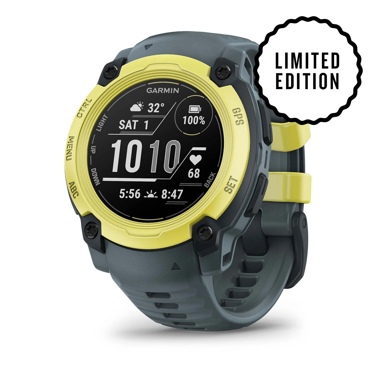 ساعة Garmin Instinct E، مقاس 40 مم بإطار بلون أخضر ليموني (Electric Lime) وحزام بلون الغسق (Twilight)