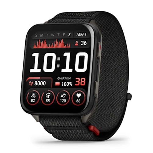 Garmin Venu X1 - أسود مع غطاء خلفي من التيتانيوم بلون أردوازي وحزام نايلون مريح باللون الأسود