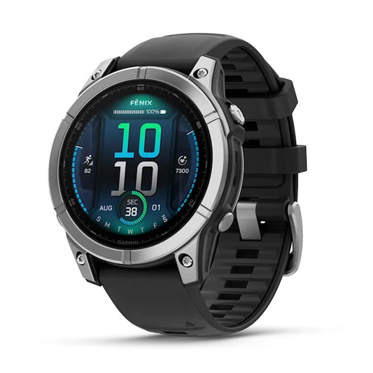 ساعة غارمين فينيكس إي (Garmin Fenix E) مقاس 47 ملم، شاشة أموليد (Amoled)، إطار ستانلس ستيل مع سوار سيليكون أسود