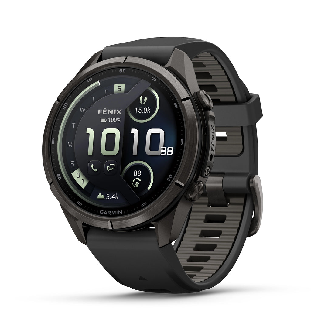 GARMIN FENIX 9 PRO 43MM AMOLED LTE CARBON GRAY DLC TITANIUM WITH BLACK PEBBLE GREY SILICONE BAND