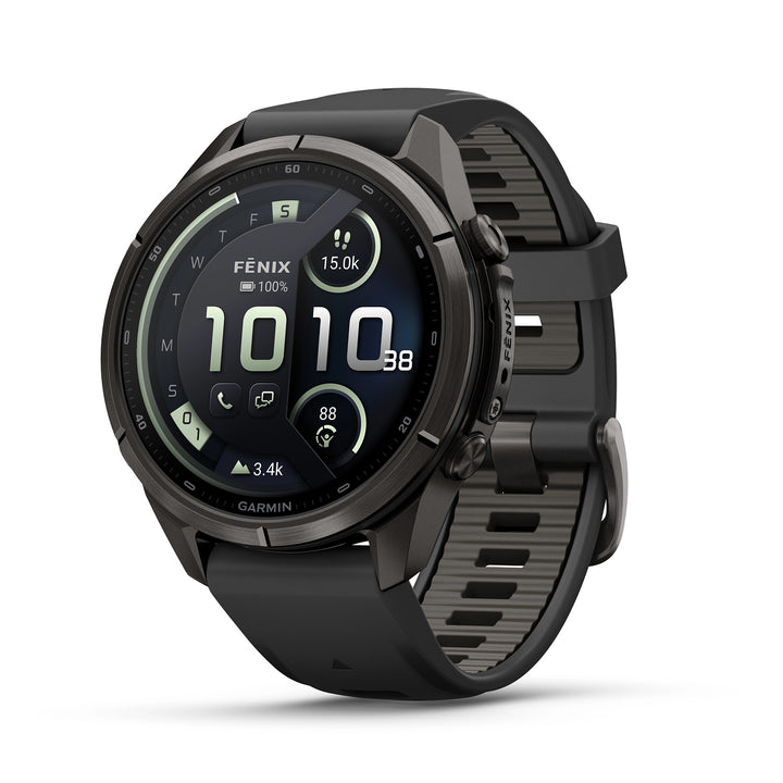 GARMIN FENIX 9 PRO 43MM AMOLED LTE CARBON GRAY DLC TITANIUM WITH BLACK PEBBLE GREY SILICONE BAND